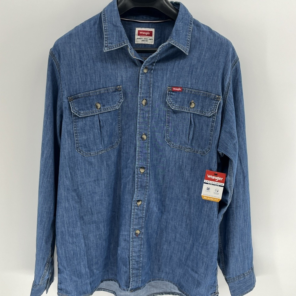 NWT Wrangler Greensboro NC Men's Long Sleeve Denim Shirt‎ Blue Size Large